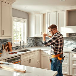 A skilled male carpenter diligently installing modern kitchen cabinets in a well-lit and contemporary kitchen