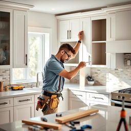 A skilled male carpenter diligently installing modern kitchen cabinets in a well-lit and contemporary kitchen