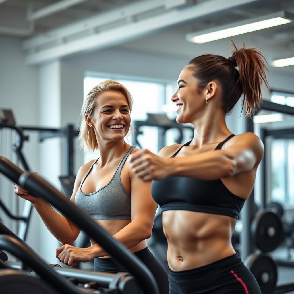 A fit lesbian couple working out together at the gym