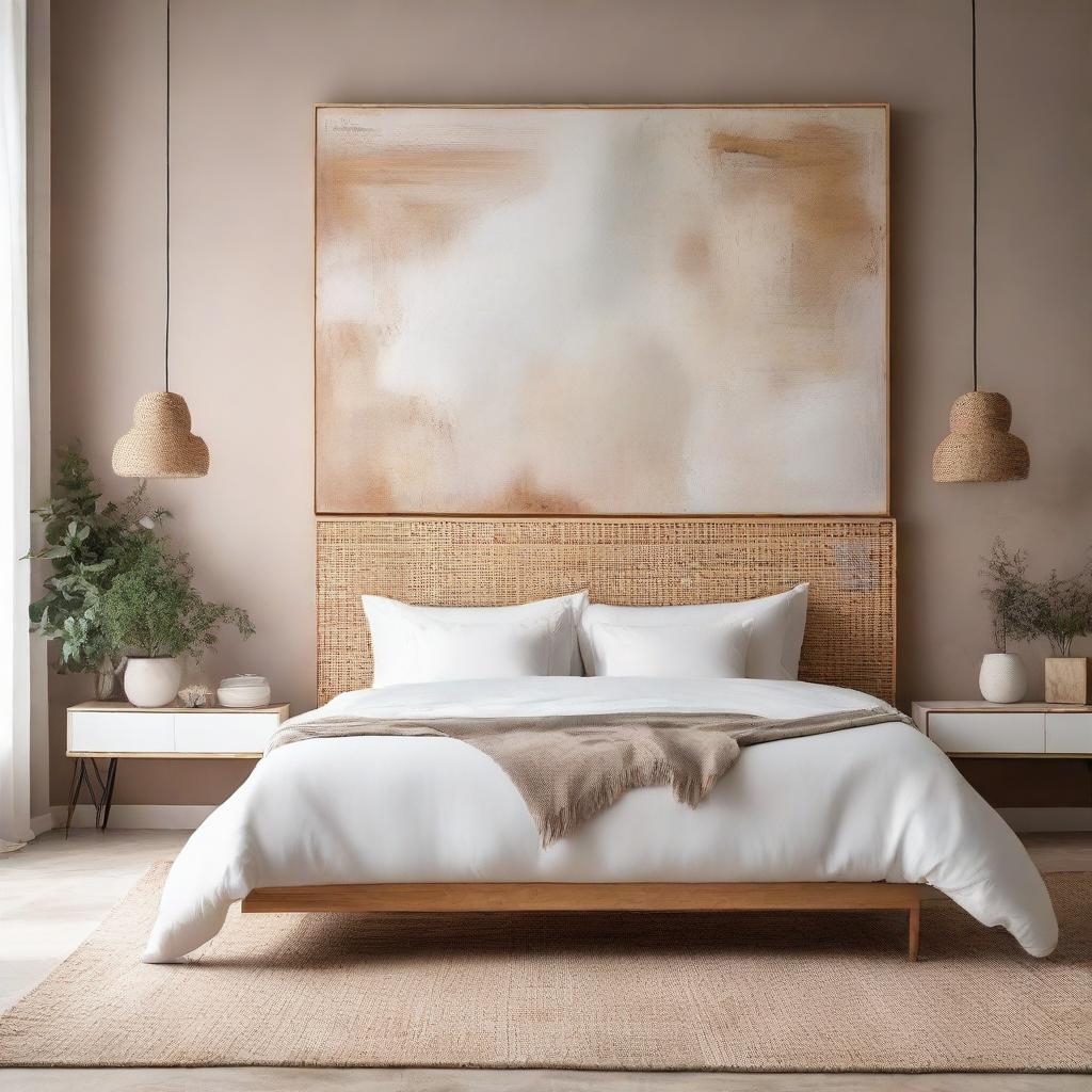 An elegant bedroom with a beautiful Venetian plaster wall, a white linen bed with rattan features, and a prominent large artwork adding a touch of sophistication.