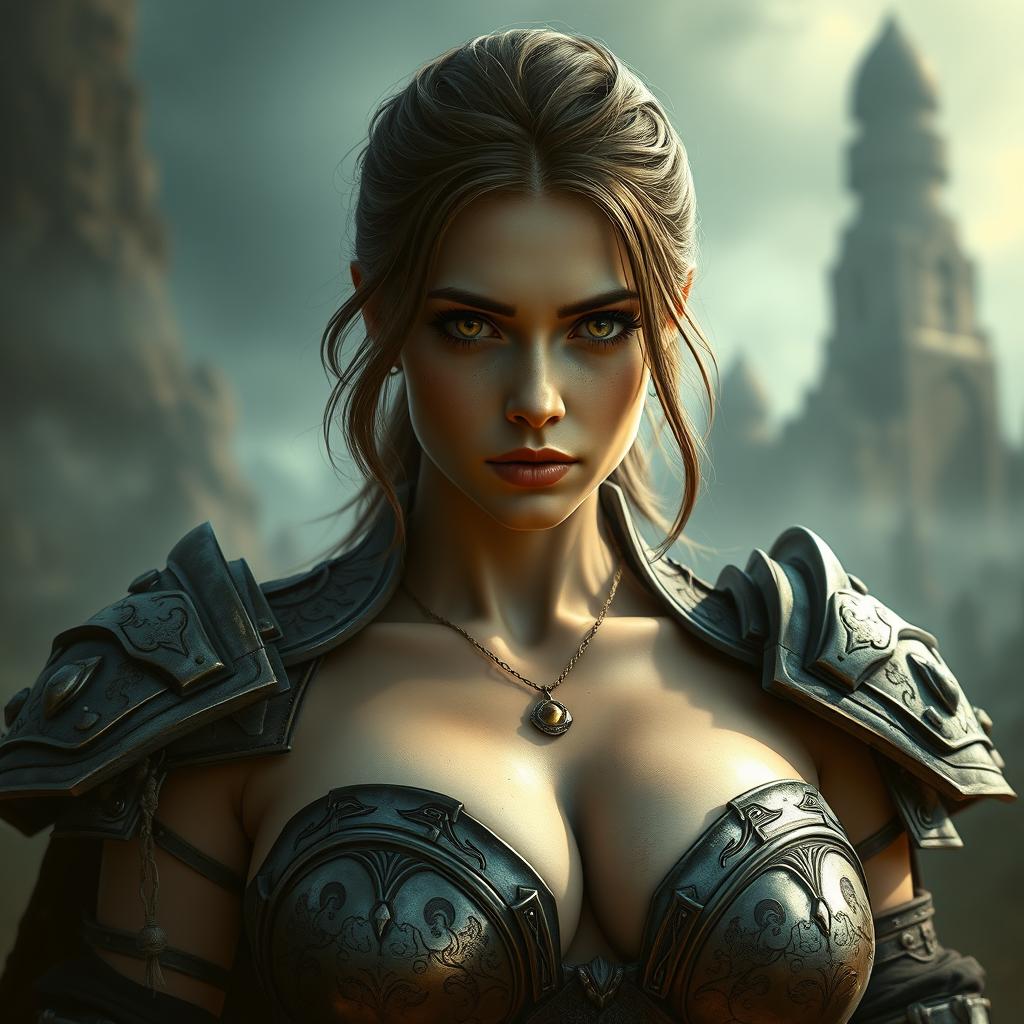 A sexy warrior woman with huge XL breasts, presenting a pure and innocent gaze