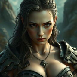 A sexy warrior woman with huge XL breasts, presenting a pure and innocent gaze
