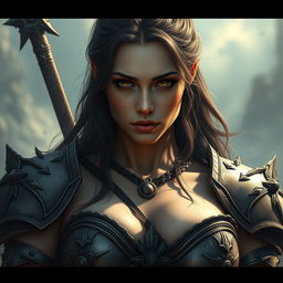A sexy warrior woman with huge XL breasts, presenting a pure and innocent gaze