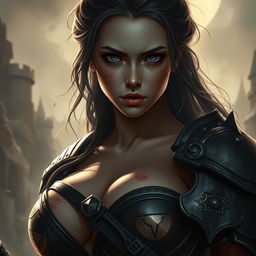 A sexy warrior woman with huge XL breasts, presenting a pure and innocent gaze