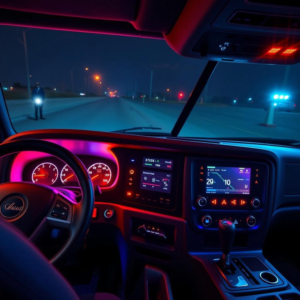 A detailed view of a modern truck interior at night, showcasing a brightly illuminated dashboard with vibrant LED lights in shades of blue and purple