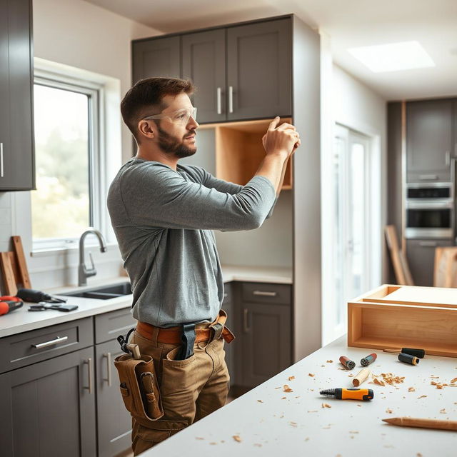 A focused male carpenter is installing kitchen cabinets in a modern kitchen setting