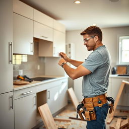 A focused male carpenter is installing kitchen cabinets in a modern kitchen setting