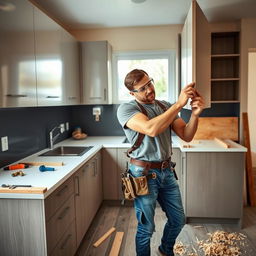 A focused male carpenter is installing kitchen cabinets in a modern kitchen setting