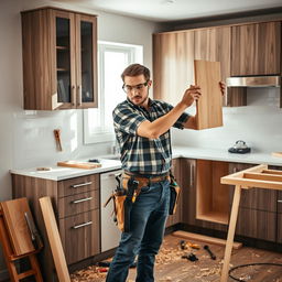A focused male carpenter is installing kitchen cabinets in a modern kitchen setting