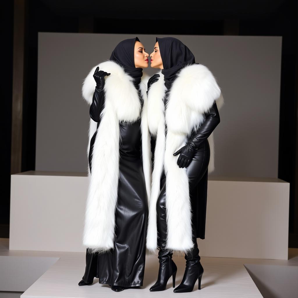Two women wearing very tight leather abayas with white fur collars, both dressed in hijabs, adorned with makeup, and stylish leather gloves