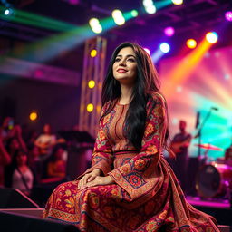 A vibrant and captivating scene of a young Iranian female singer named Nazanin, elegantly seated on a modern stage during a live show