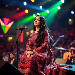 A vibrant and captivating scene of a young Iranian female singer named Nazanin, elegantly seated on a modern stage during a live show