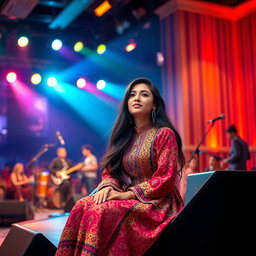 A vibrant and captivating scene of a young Iranian female singer named Nazanin, elegantly seated on a modern stage during a live show