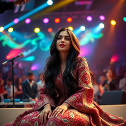 A vibrant and captivating scene of a young Iranian female singer named Nazanin, elegantly seated on a modern stage during a live show