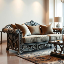 A stunning New American style steel sofa featuring intricate carvings