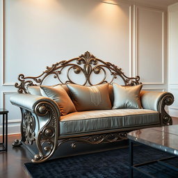 A stunning New American style steel sofa featuring intricate carvings