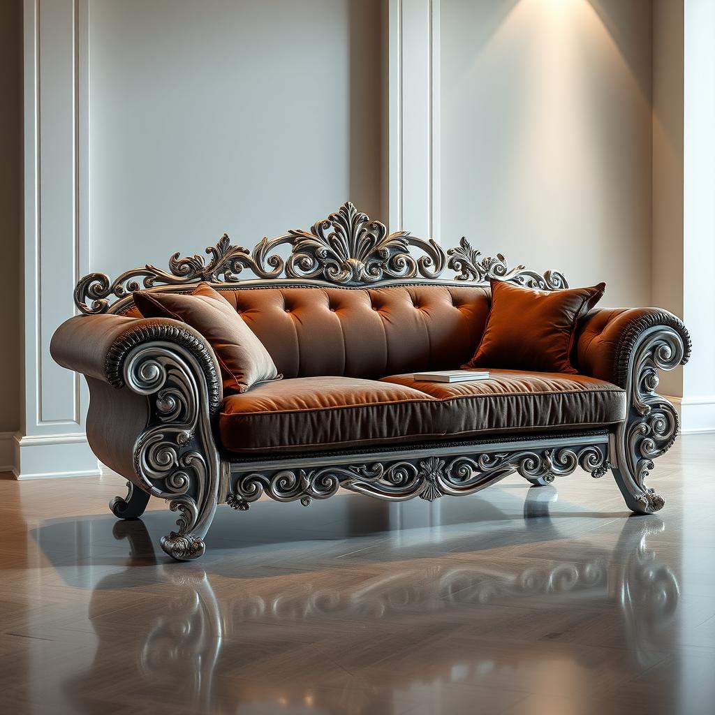 A stunning New American style steel sofa featuring intricate carvings