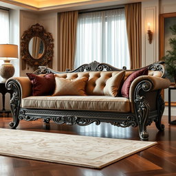 A stunning New American style steel sofa featuring intricate carvings