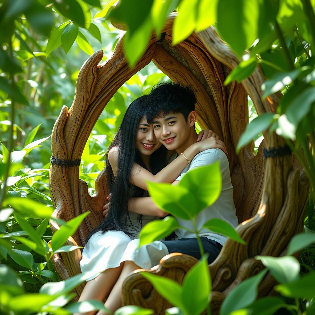 A romantic scene in a lush jungle, where a girl with long black hair hugs her partner, a boy with short black hair, while sitting inside a wooden cabbage structure