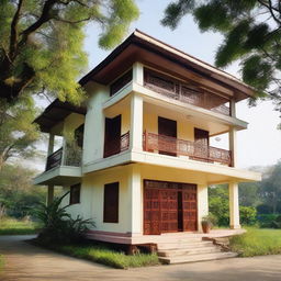 A picturesque two-story Assam-style house with a sheet across the first floor and a scenic balcony area.