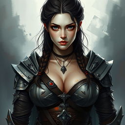 A sexy warrior woman with a very large chest, standing confidently while displaying a pure and innocent gaze