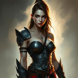 A sexy warrior woman with a very large chest, standing confidently while displaying a pure and innocent gaze