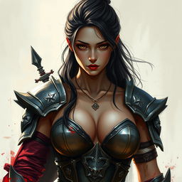 A sexy warrior woman with a very large chest, standing confidently while displaying a pure and innocent gaze