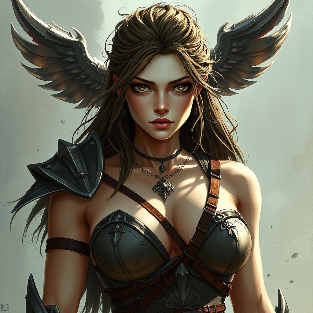 A sexy warrior woman with a very large chest, standing confidently while displaying a pure and innocent gaze