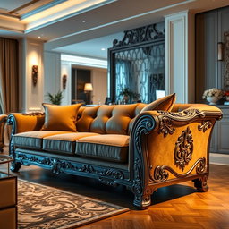 A breathtaking New American style steel sofa adorned with exquisite carvings