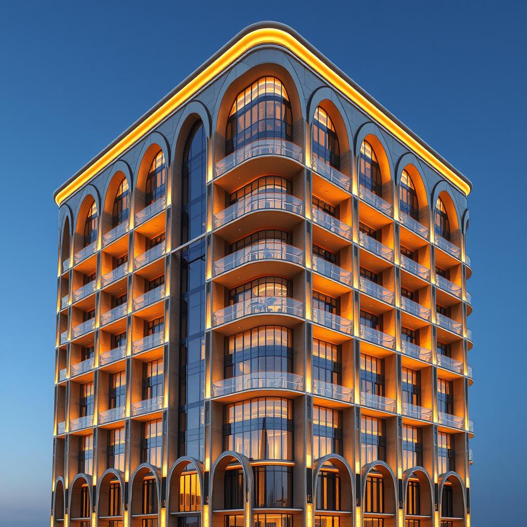An architectural rendering style view featuring a high-detail, 20-story building, standing at 80 meters tall