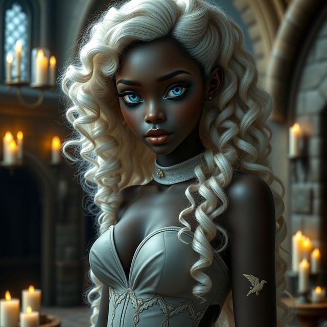 A slender dark-skinned girl with large, round breasts and wide hips, featuring long, platinum blonde hair styled in 3A curls