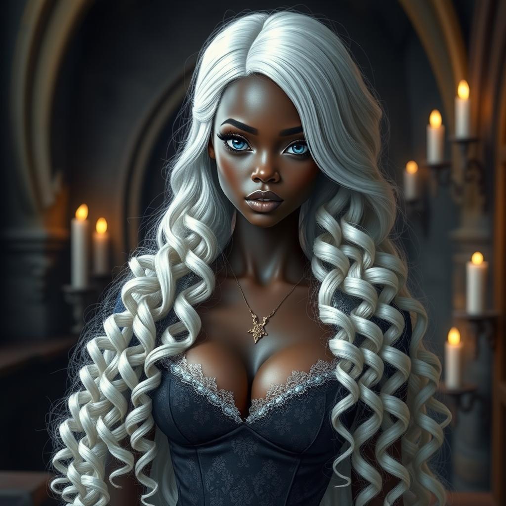A slender dark-skinned girl with large, round breasts and wide hips, featuring long, platinum blonde hair styled in 3A curls
