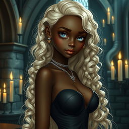 A slender dark-skinned girl with large, round breasts and wide hips, featuring long, platinum blonde hair styled in 3A curls