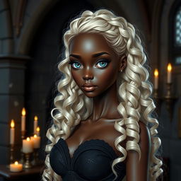 A slender dark-skinned girl with large, round breasts and wide hips, featuring long, platinum blonde hair styled in 3A curls