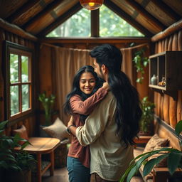 A romantic scene depicting a girl hugging her partner inside a cozy wooden cottage nestled in the jungle