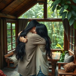A romantic scene depicting a girl hugging her partner inside a cozy wooden cottage nestled in the jungle