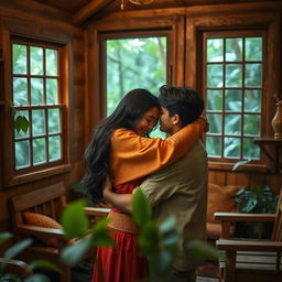 A romantic scene depicting a girl hugging her partner inside a cozy wooden cottage nestled in the jungle