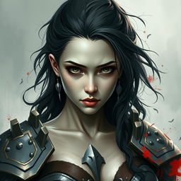 A warrior woman with very big breasts, presenting a pure and innocent gaze
