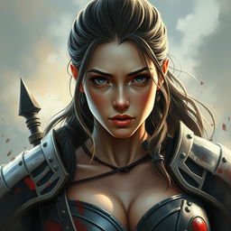 A warrior woman with very big breasts, presenting a pure and innocent gaze