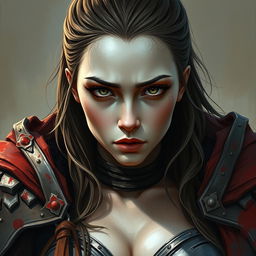 A warrior woman with very big breasts, presenting a pure and innocent gaze