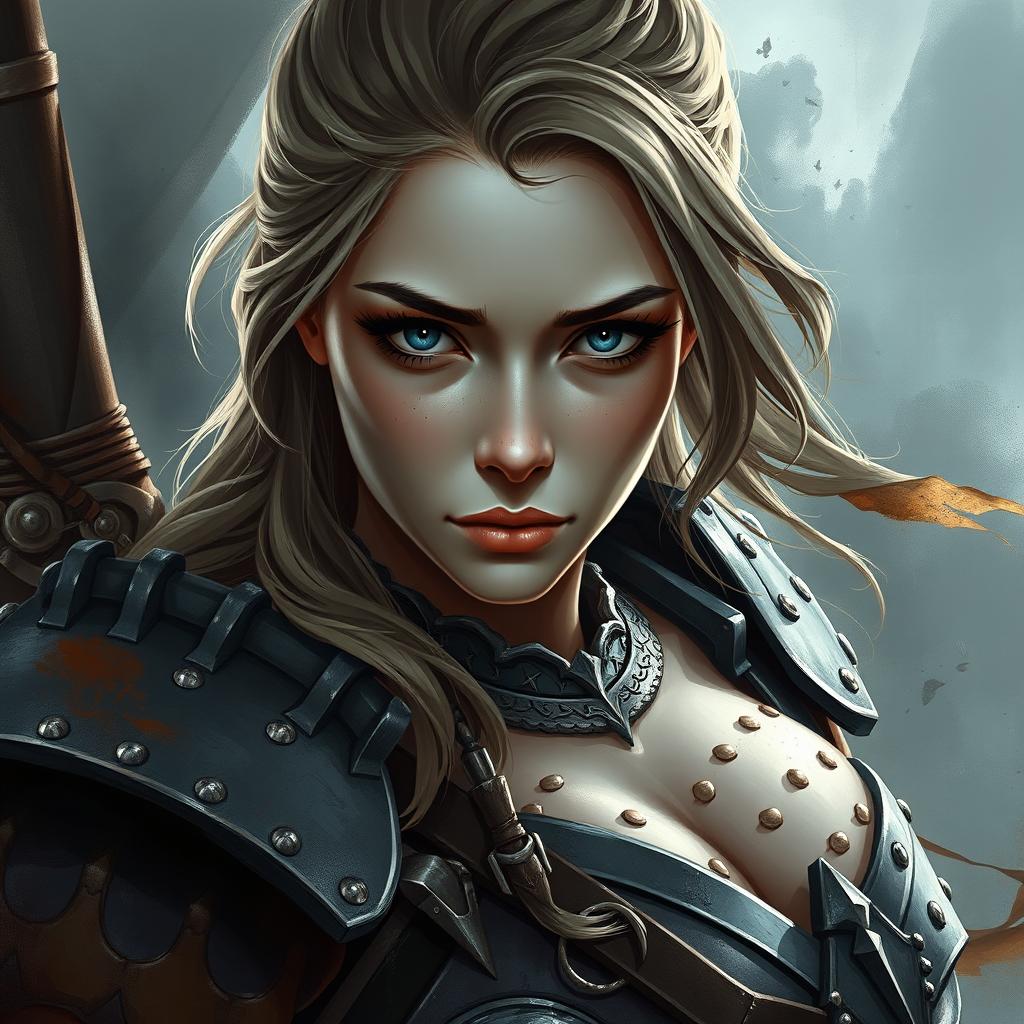 A warrior woman with very big breasts, presenting a pure and innocent gaze