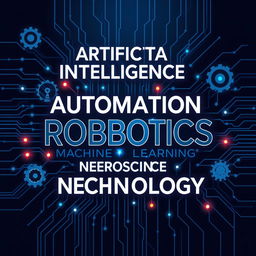 A futuristic design showcasing various robotics-related words artistically arranged in a visually appealing layout