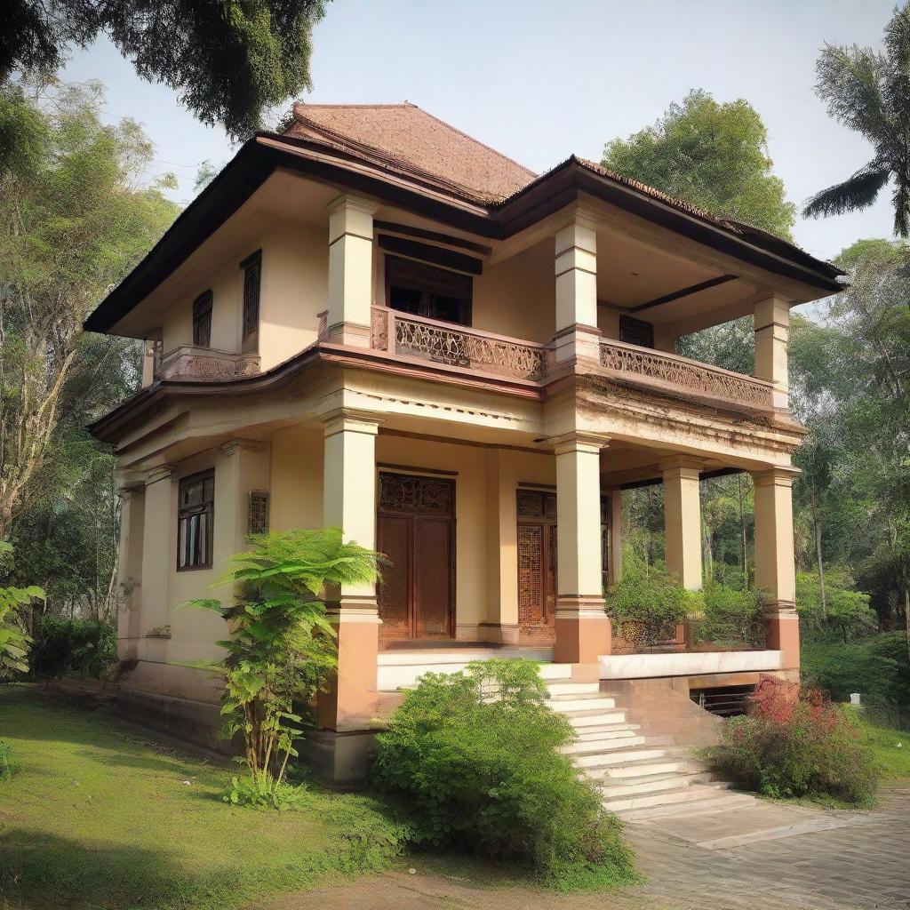 A picturesque two-story Assam-style house with a sheet across the first floor and a scenic balcony area.