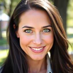 A portrait of a confident adult woman with long, flowing dark hair, featuring striking green eyes that captivate the viewer