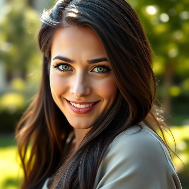 A portrait of a confident adult woman with long, flowing dark hair, featuring striking green eyes that captivate the viewer