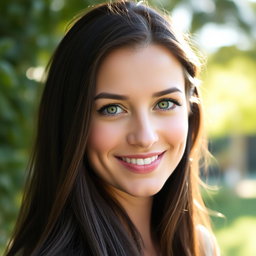 A portrait of a confident adult woman with long, flowing dark hair, featuring striking green eyes that captivate the viewer