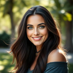A portrait of a confident adult woman with long, flowing dark hair, featuring striking green eyes that captivate the viewer