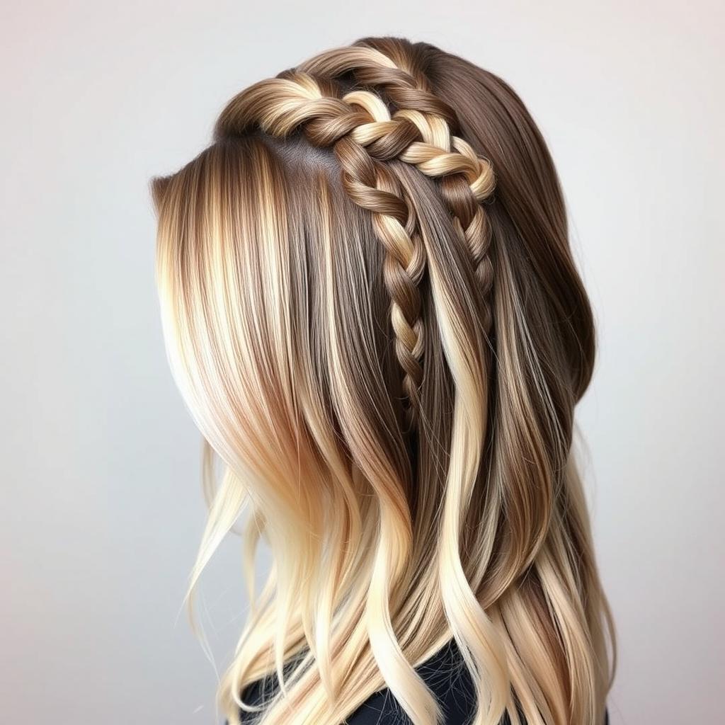 A stylish and modern hairstyle with intricate braids cascading down, showcasing a mix of colors including blonde, brown, and subtle hints of pastel shades