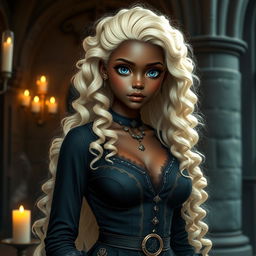 A slender dark-skinned girl with large, round breasts and wide hips, featuring long, platinum blonde hair styled in 3A curls