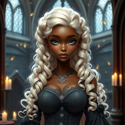 A slender dark-skinned girl with large, round breasts and wide hips, featuring long, platinum blonde hair styled in 3A curls